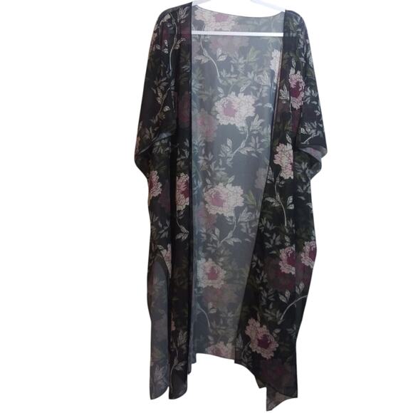 Hibluco Sheer Chiffon Black Floral Kimono Cardigan Long Swimwear Cover Up Sz 2XL - Picture 2 of 10